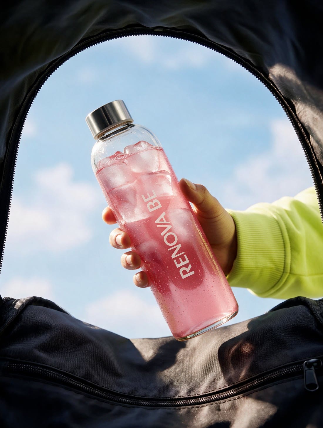 Mão tirando da bolsa de academia a garrafa de vidro Renova Be com Collagen Peptides sabor cranberry, contra o céu azul