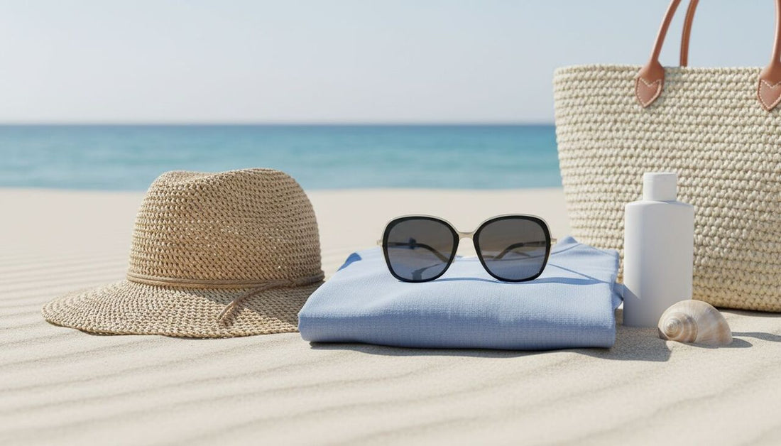 Acessórios de praia em uma superfície de areia