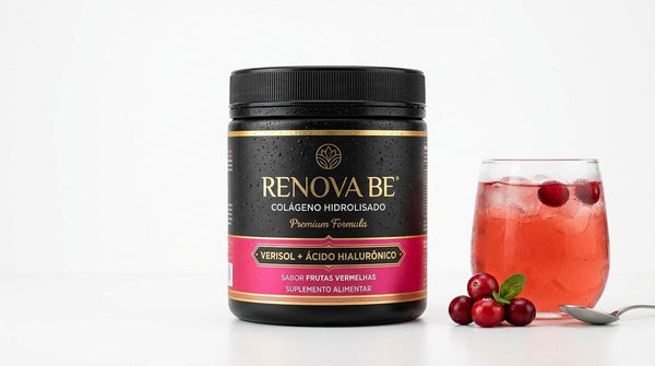 Suplemento de colágeno Renova Be com frutas vermelhas.