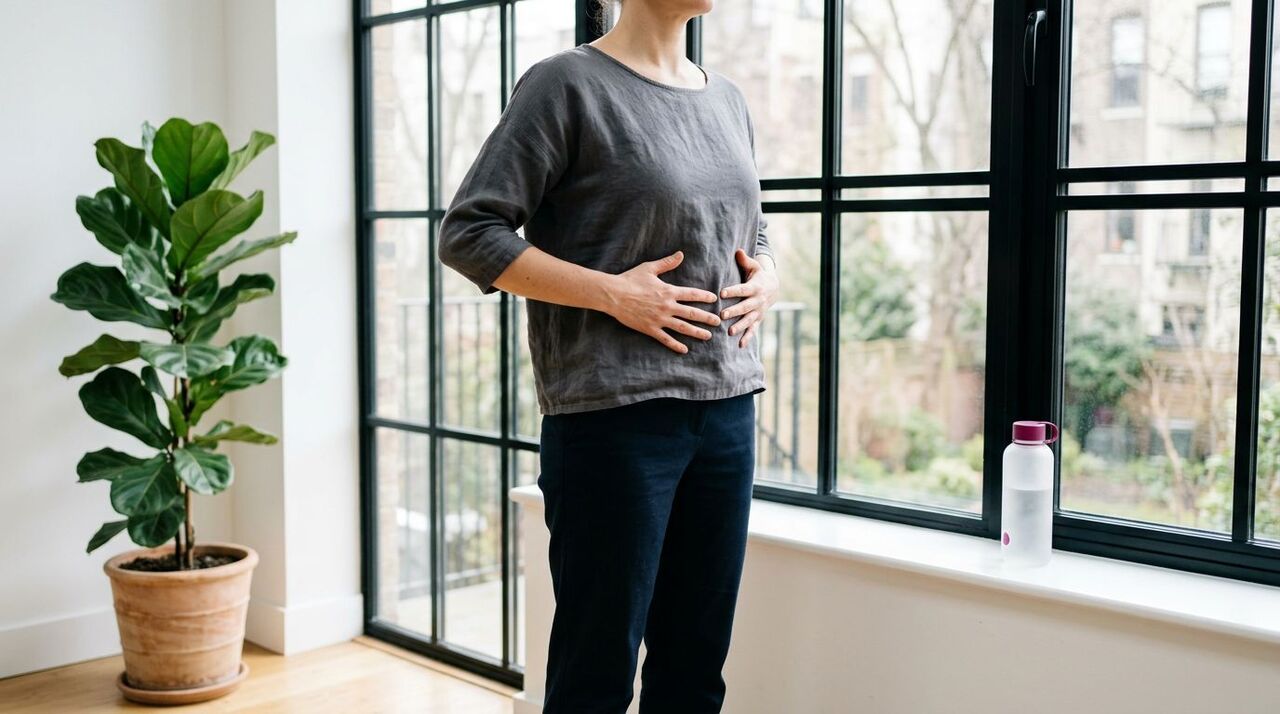 Mulher em pose de meditação com as mãos no abdômen