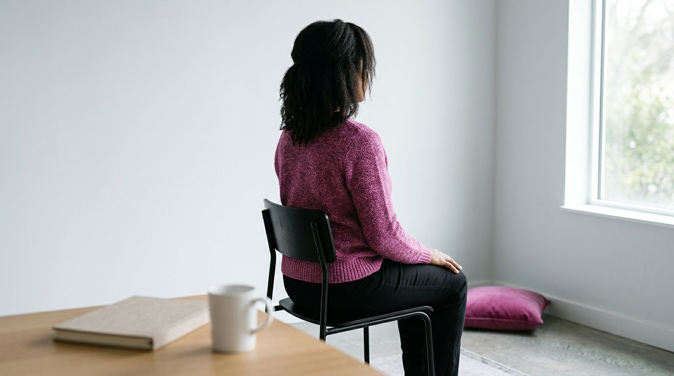 Mulher sentada em cadeira olhando pela janela