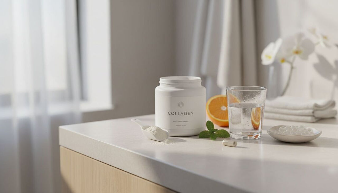 Pote de colágeno com água e frutas em ambiente iluminado