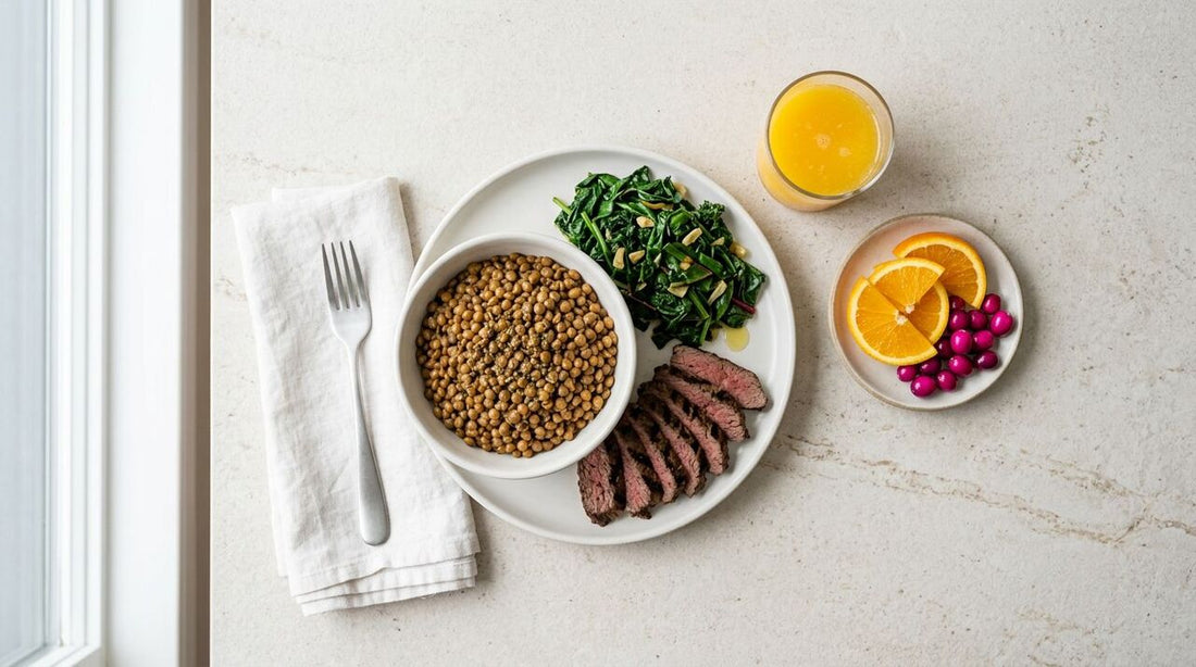 Prato com lentilhas, carne, legumes e suco de laranja.