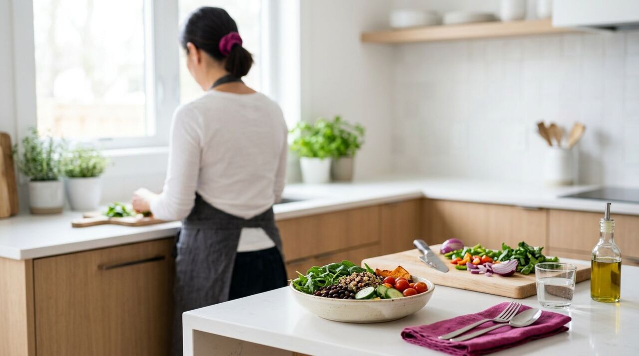 Pessoa preparando salada na cozinha moderna
