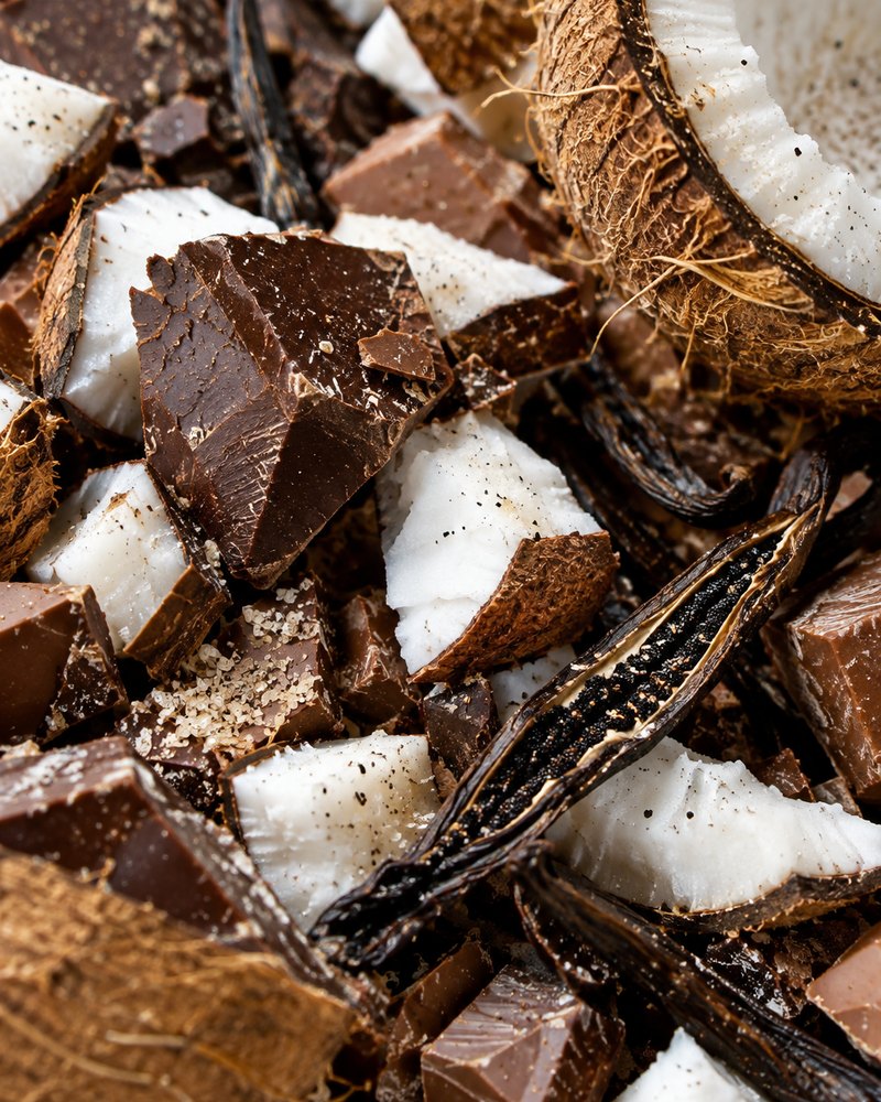 Cacau, coco, baunilha e biscoito
