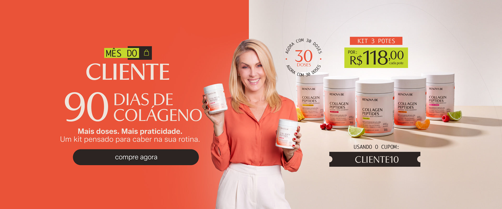 Mês do Cliente — 90 dias de colágeno: kit de 3 potes por R$ 118,00 cada com o cupom CLIENTE10