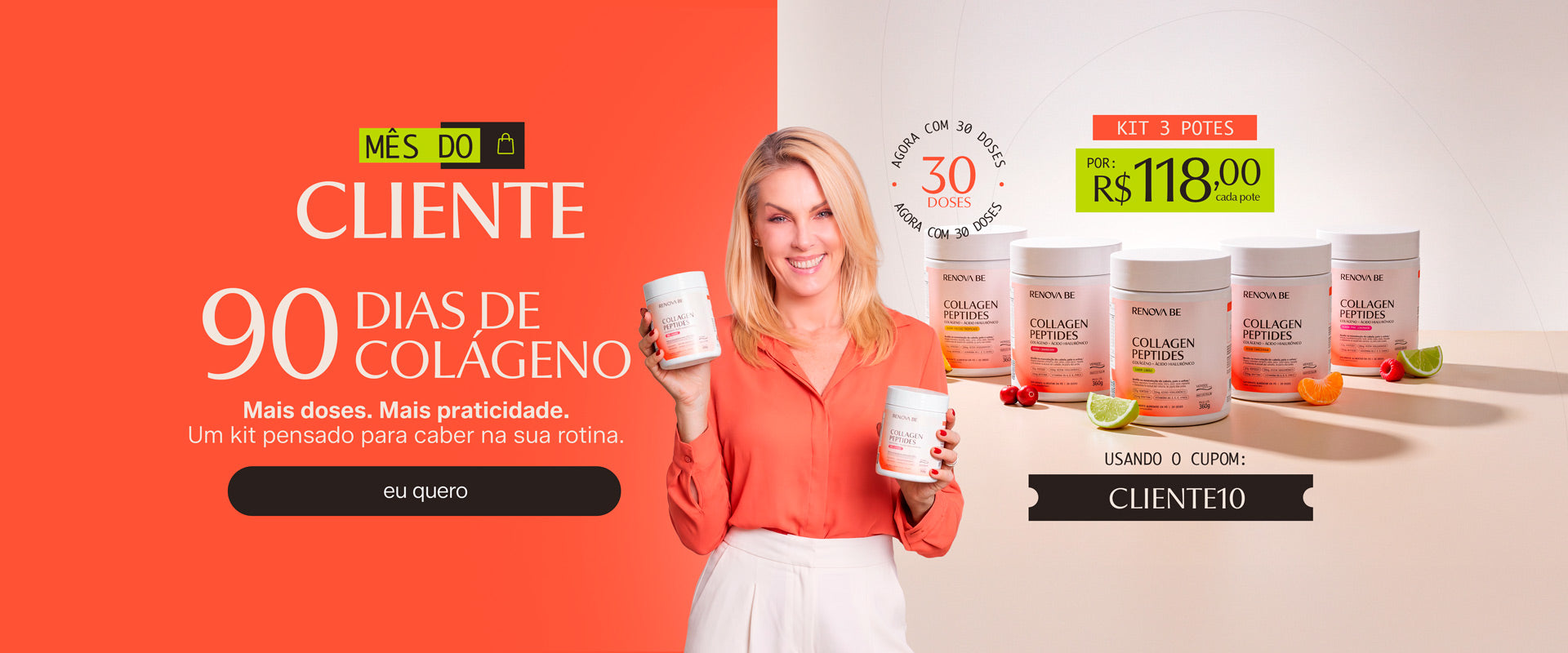 Mês do Cliente — 90 dias de colágeno: kit de 3 potes por R$ 118,00 cada com o cupom CLIENTE10