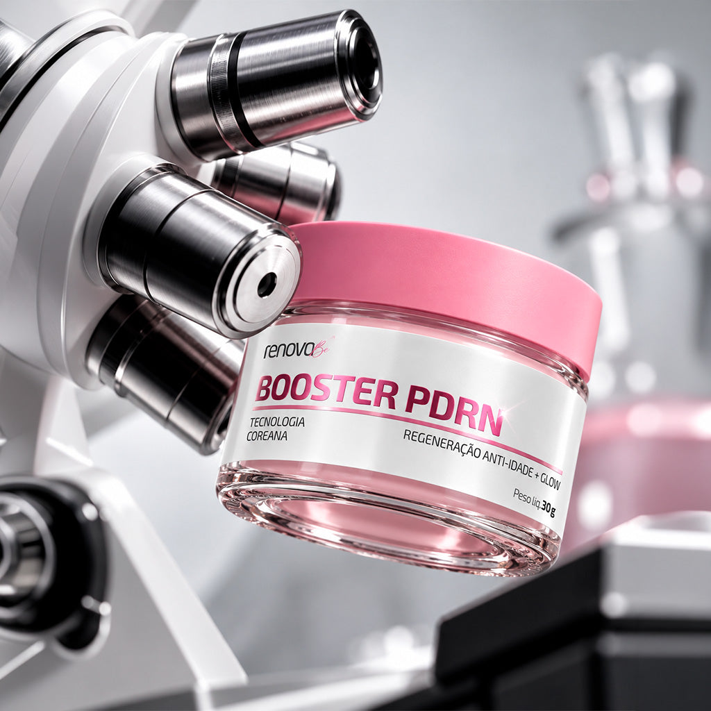 Pote do Booster PDRN entre vidrarias de laboratório com líquido rosa