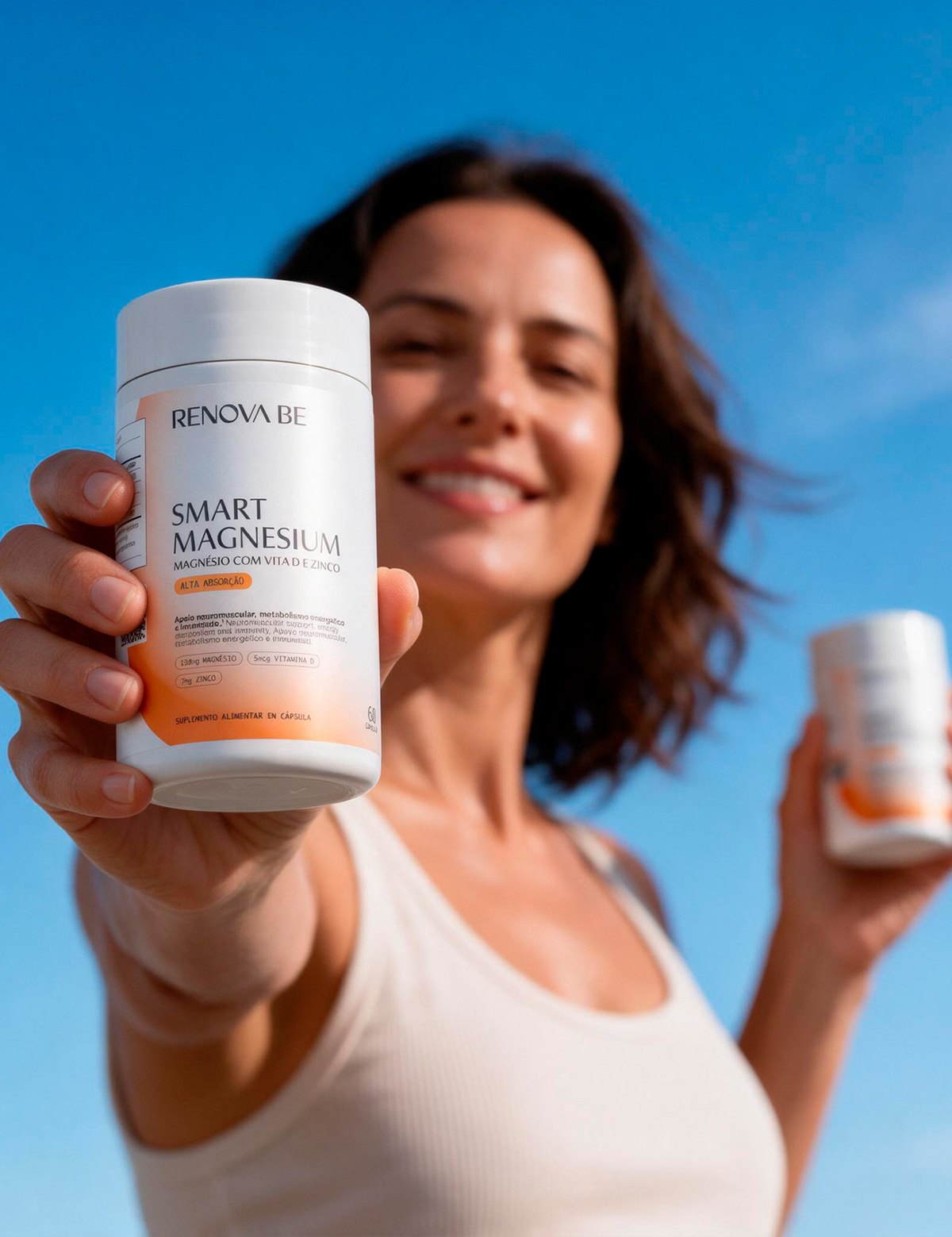 Mulher segurando o pote do Smart Magnesium da Renova Be