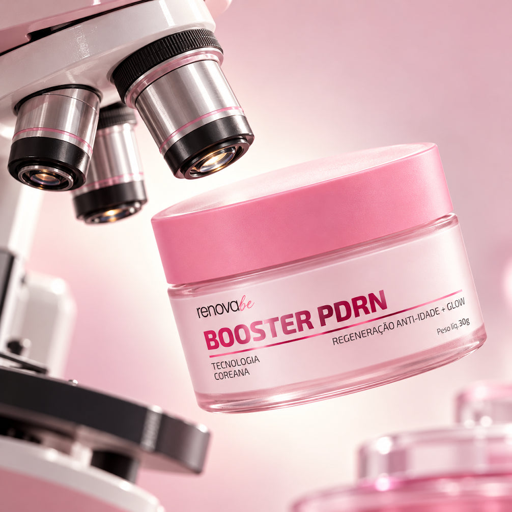Pote do Booster PDRN ao lado das lentes de um microscópio