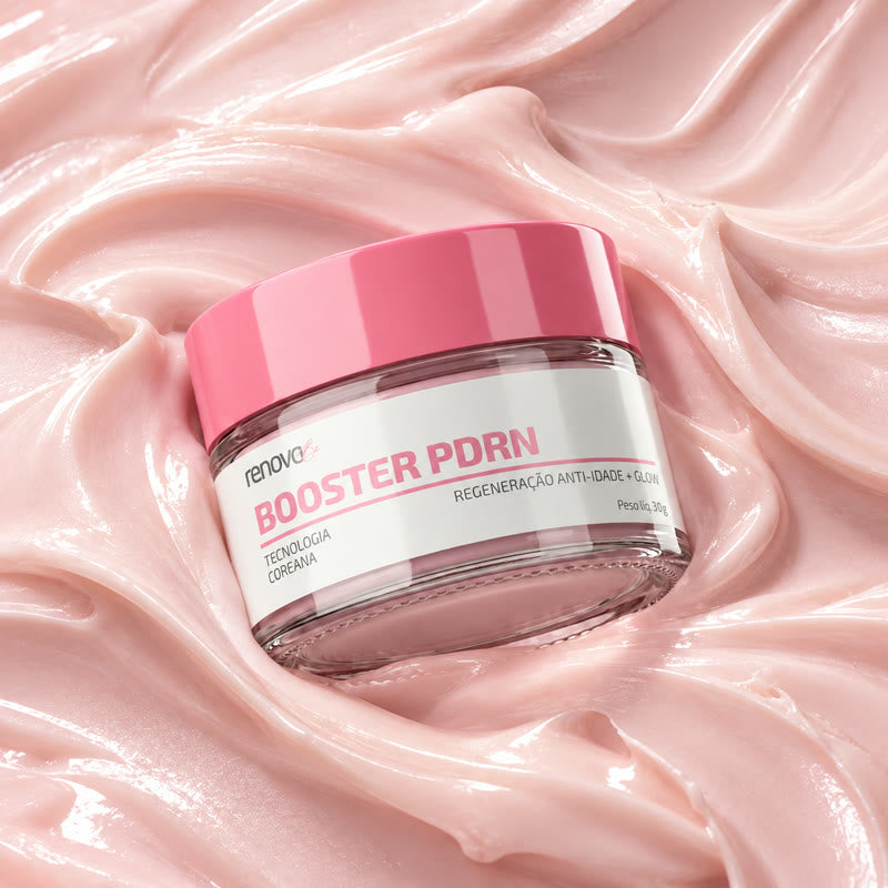 Pote do Booster PDRN sobre a textura rosada do creme