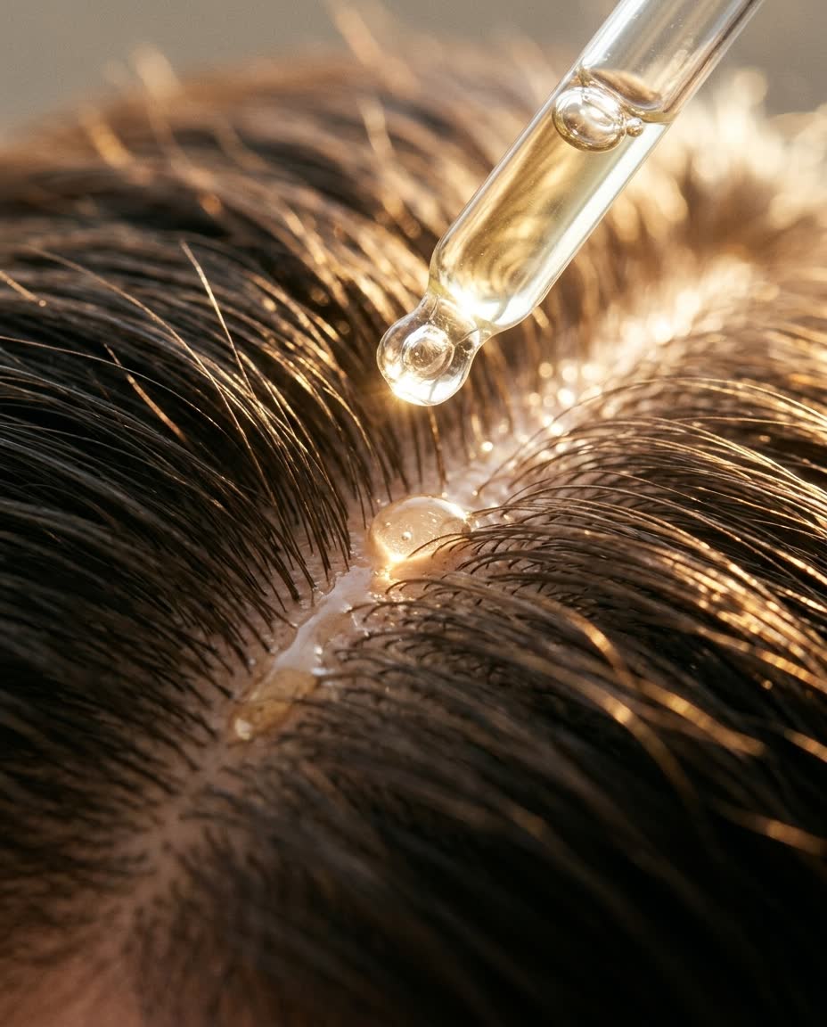 Gota do sérum saindo da pipeta sobre a risca do cabelo