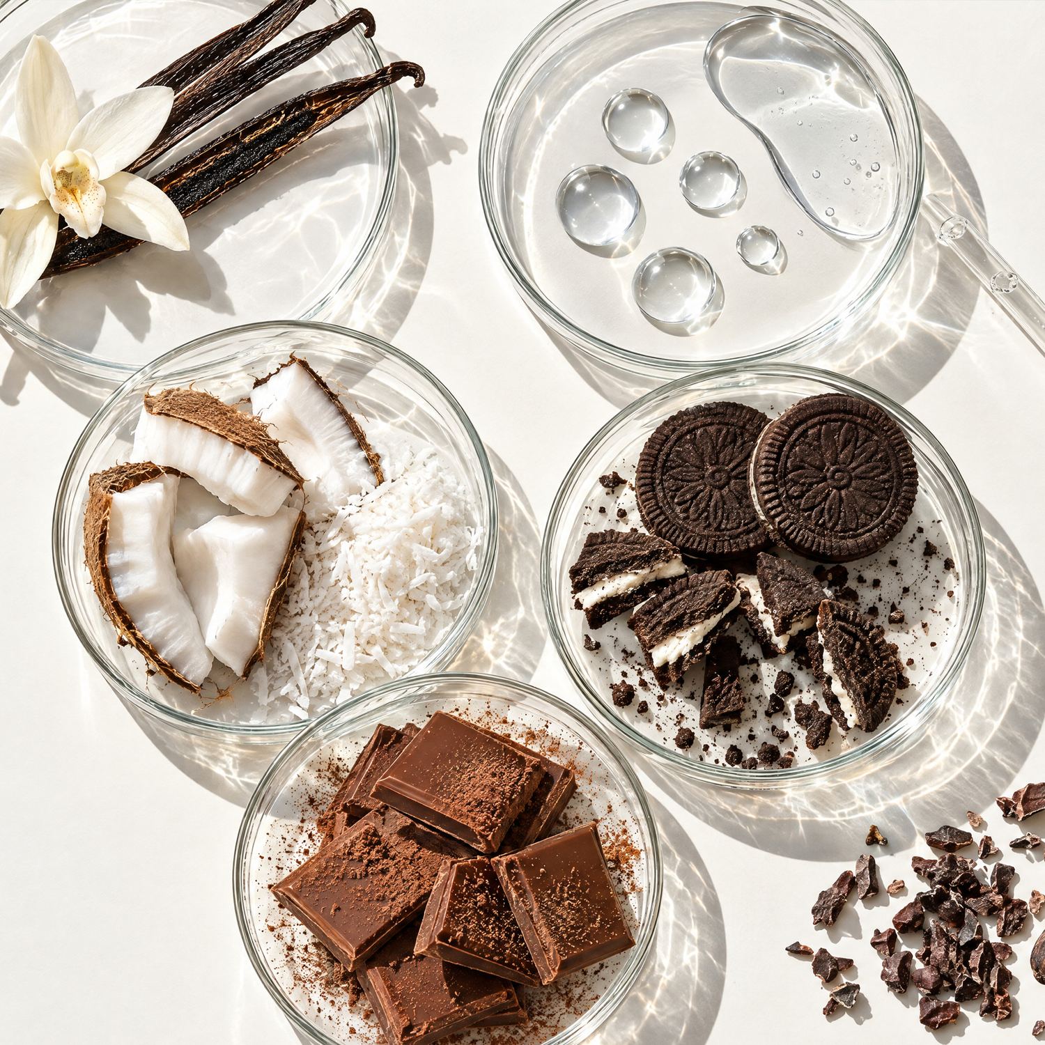 Placas de vidro com baunilha, ácido hialurônico, coco, biscoito e chocolate, os ingredientes dos quatro sabores